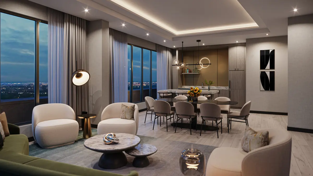 Party lounge rendering at dusk: seating and dining