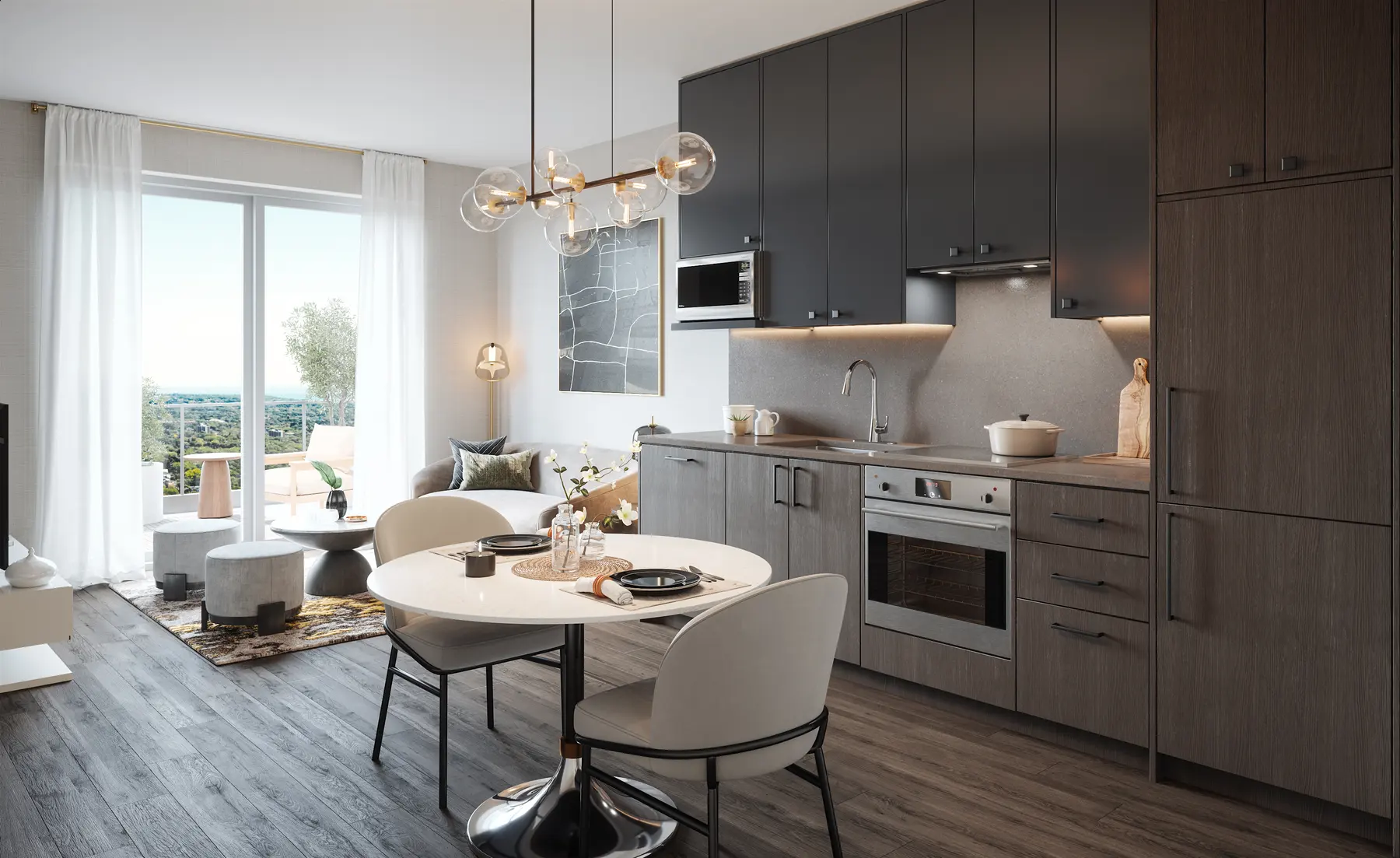 Suite rendering: dark cabinetry, built-in oven and hood fan, balcony beyond the windows