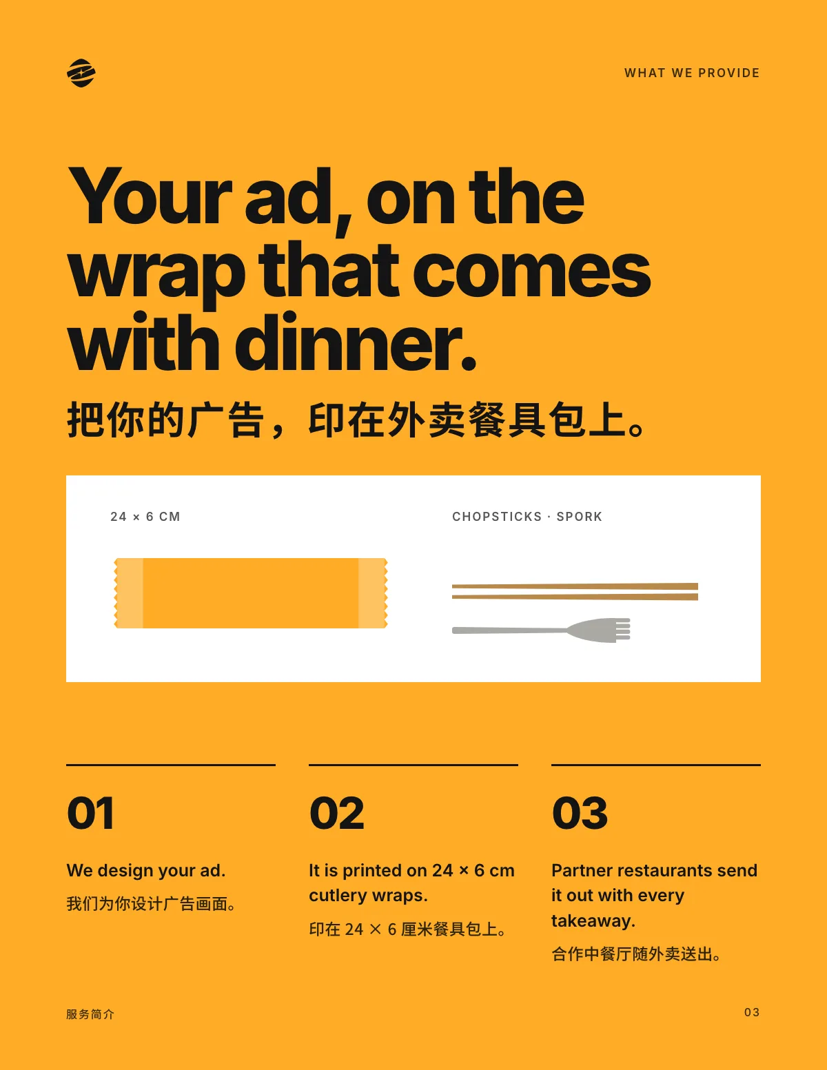 Page three: what we provide, with the wrap, chopsticks and spork drawn to scale