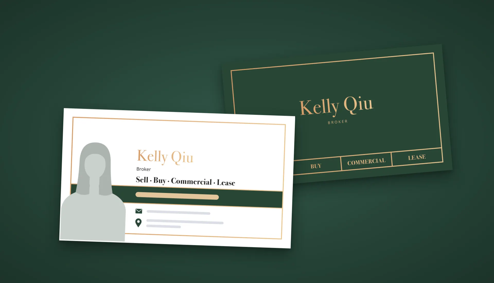 Kelly Qiu 的名片,正面压在背面之上