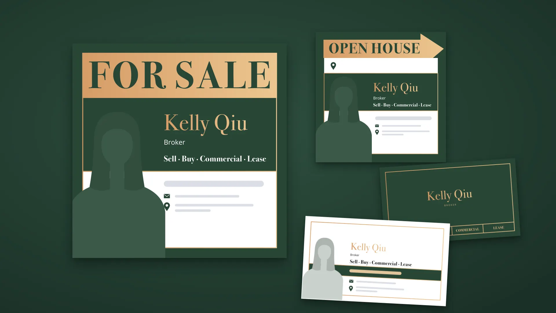 Kelly Qiu 的出售牌、开放日指示牌与名片正反面,平放在深绿底上