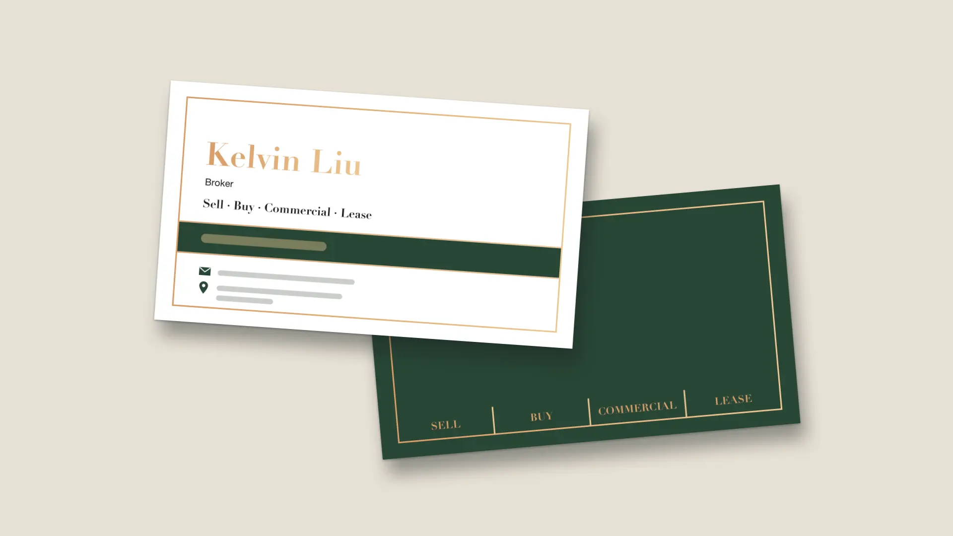 Kelvin Liu’s business card, front and reverse: copper frame, a green band and his name in copper; the reverse in deep green with four ruled services
