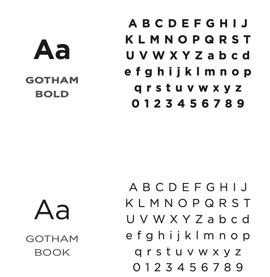 Typeface page from the identity book: Gotham Bold and Gotham Book specimens
