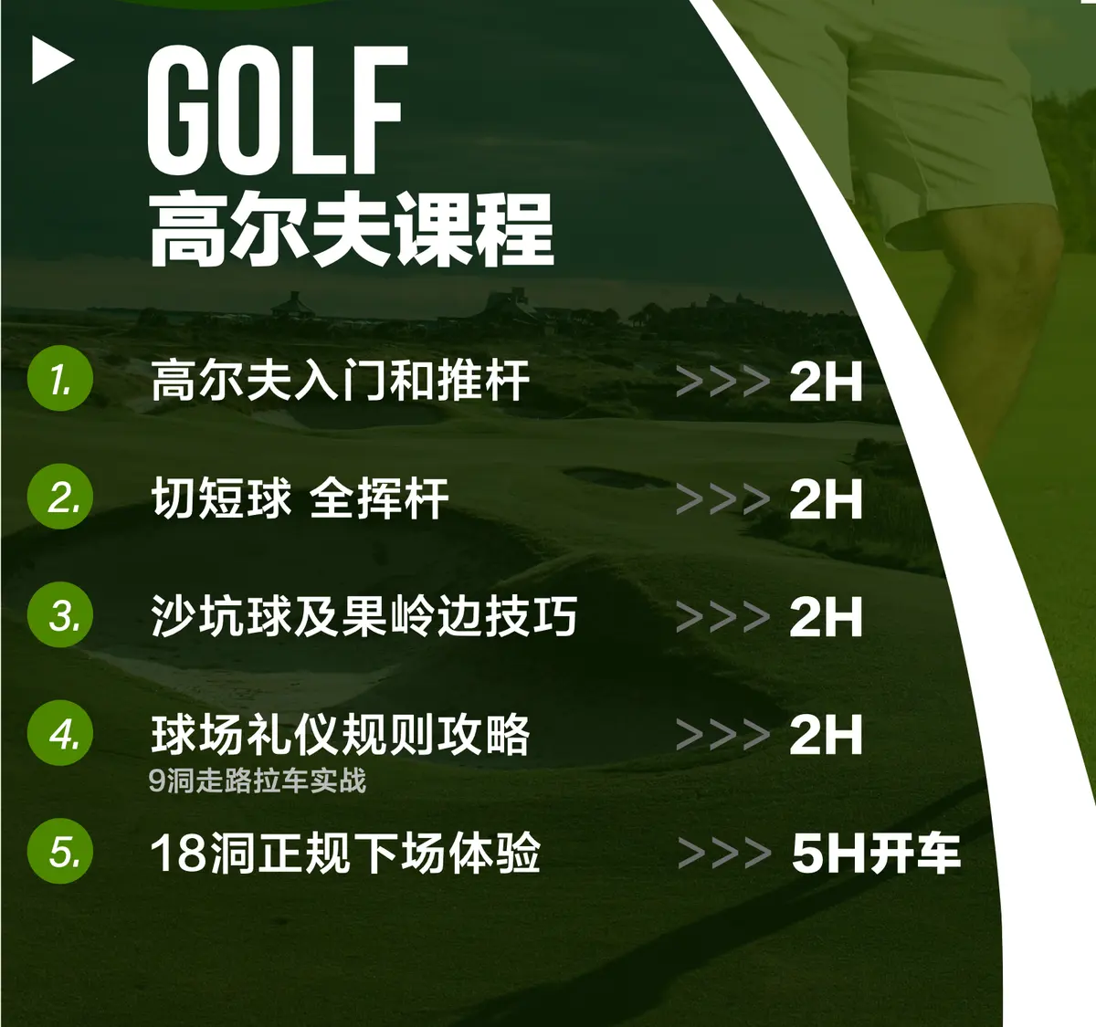 Detail: GOLF 高尔夫课程, five lessons with their hours