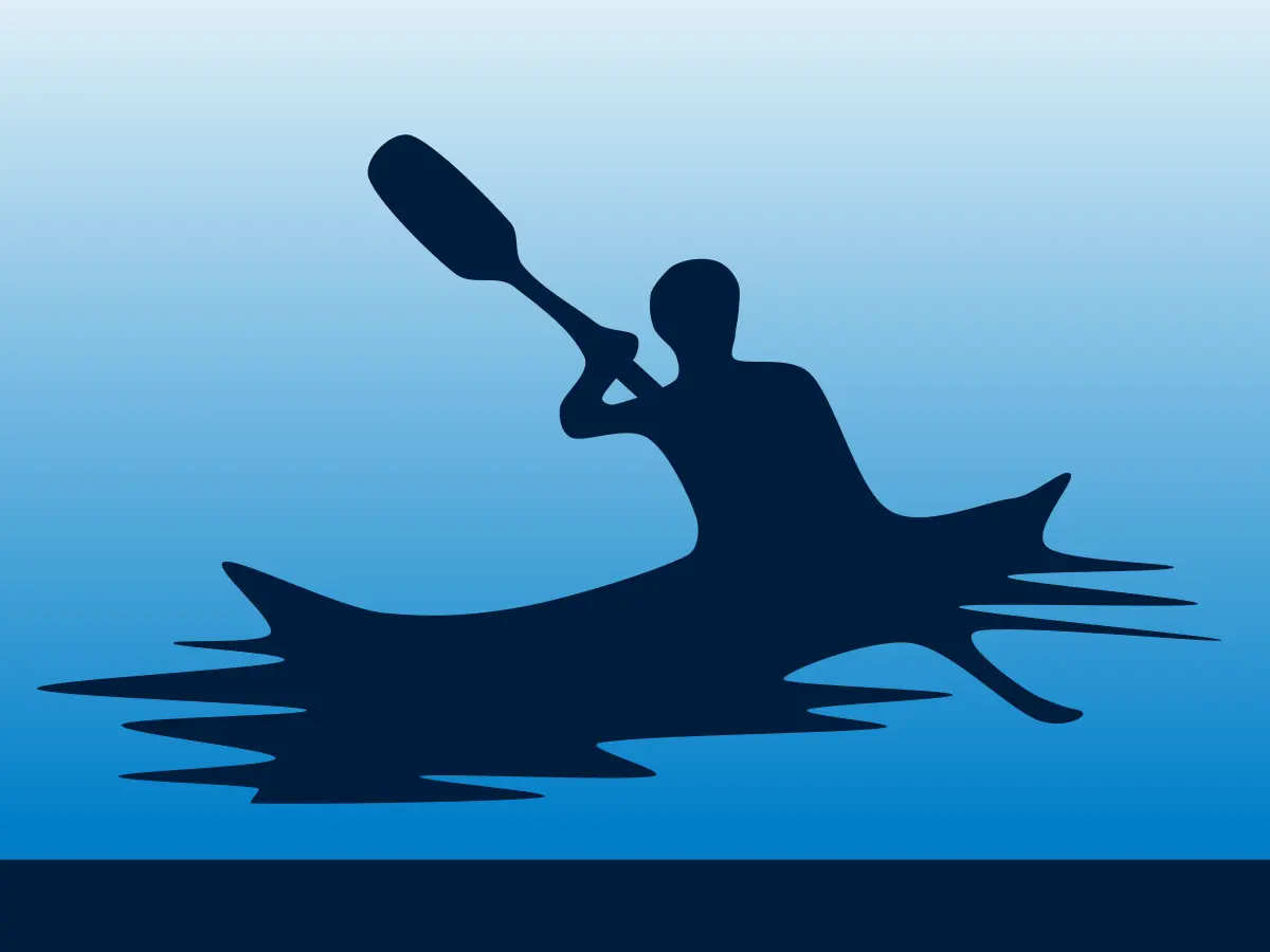 Badge detail: a paddler crossing the lake