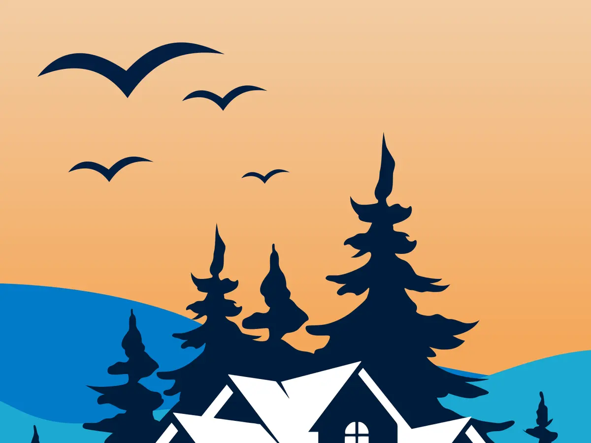 Badge detail: four birds and the spruce against the dusk
