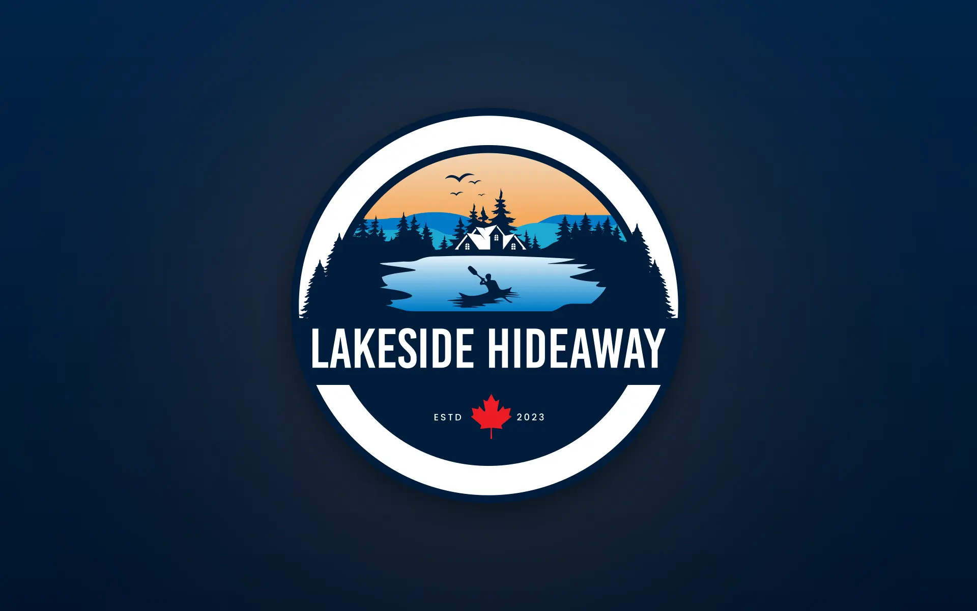The Lakeside Hideaway badge: dusk over the hills, a cabin in the pines and a kayak on the lake