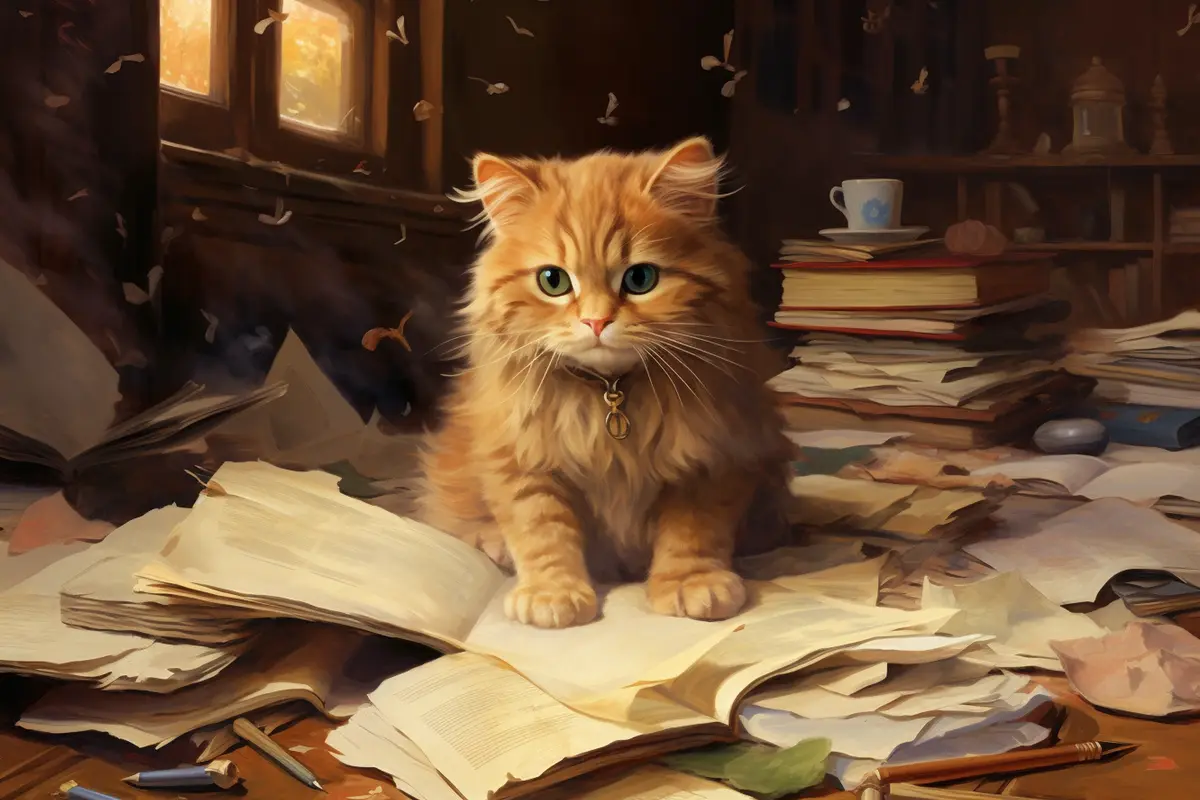 AI painting: a kitten among books and letters