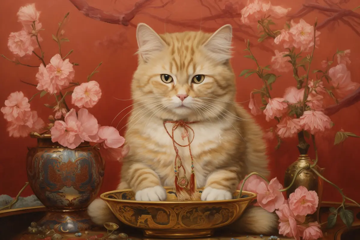 AI painting: a ginger cat against a red wall with blossom and a brass bowl