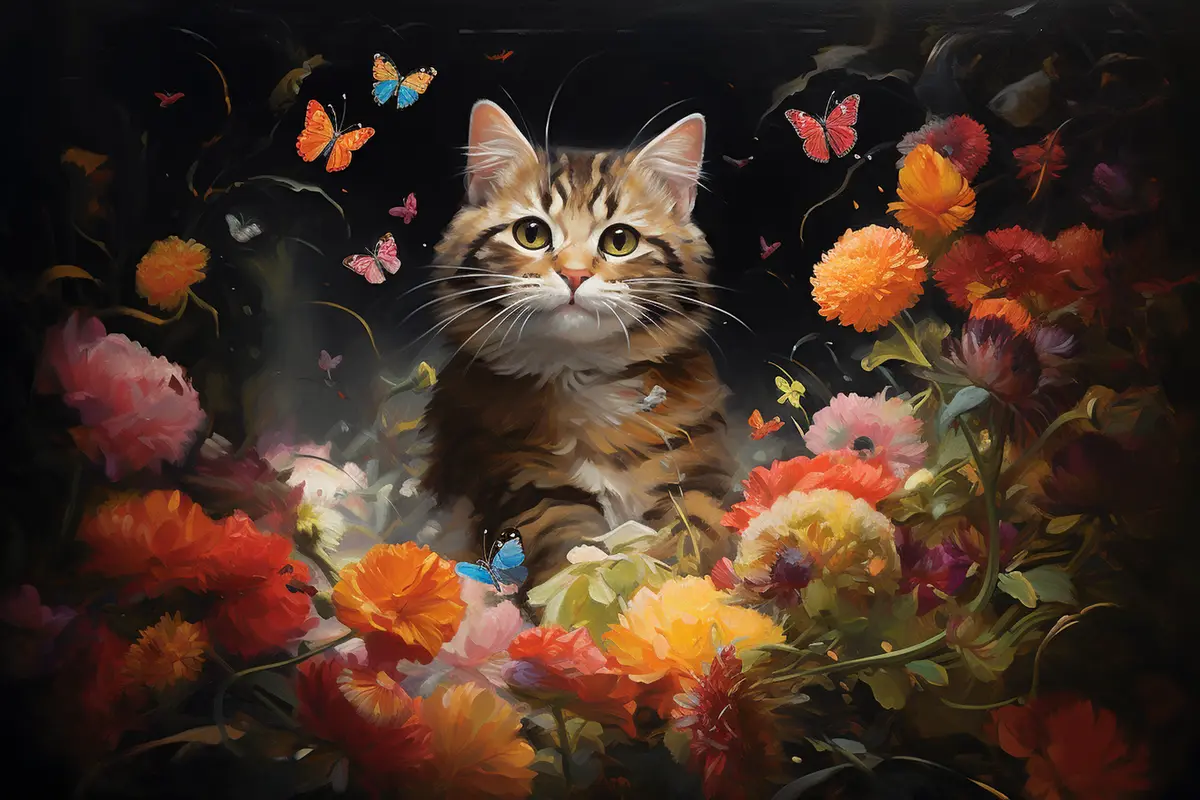 AI painting: a tabby among flowers and butterflies