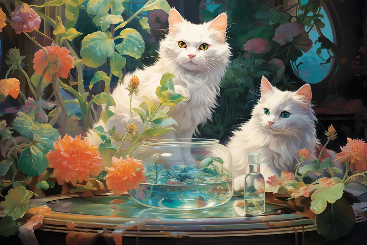 AI painting: two white cats by a fishbowl