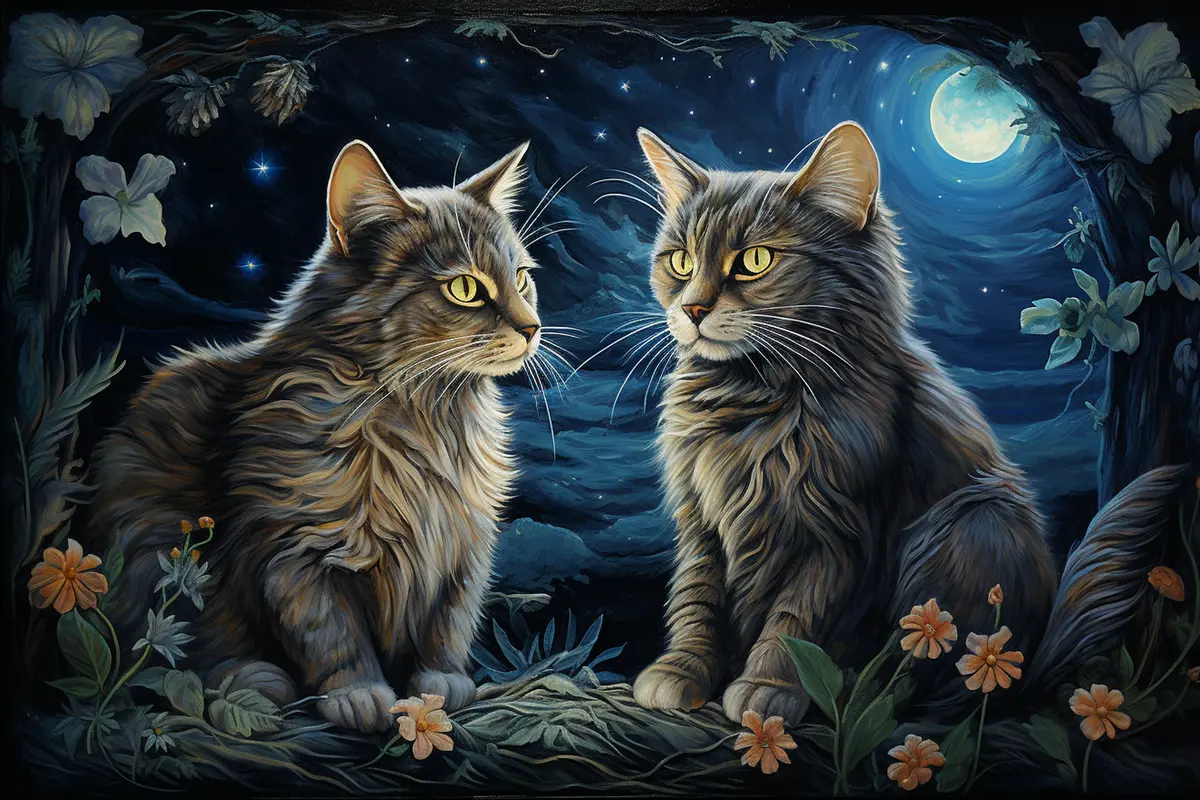 AI painting: two tabbies side by side under the moon