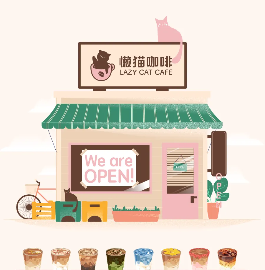 Soft-opening poster, detail: an illustrated shopfront with a “We are OPEN!” sign and the pink cat on the roof
