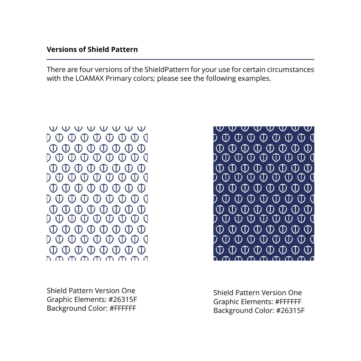Guide page: the shield pattern on white and on navy