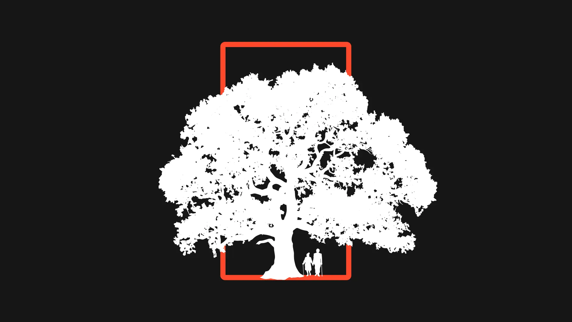 The Maplewood mark reversed: a white oak on black before a vermilion frame, two figures walking at its foot