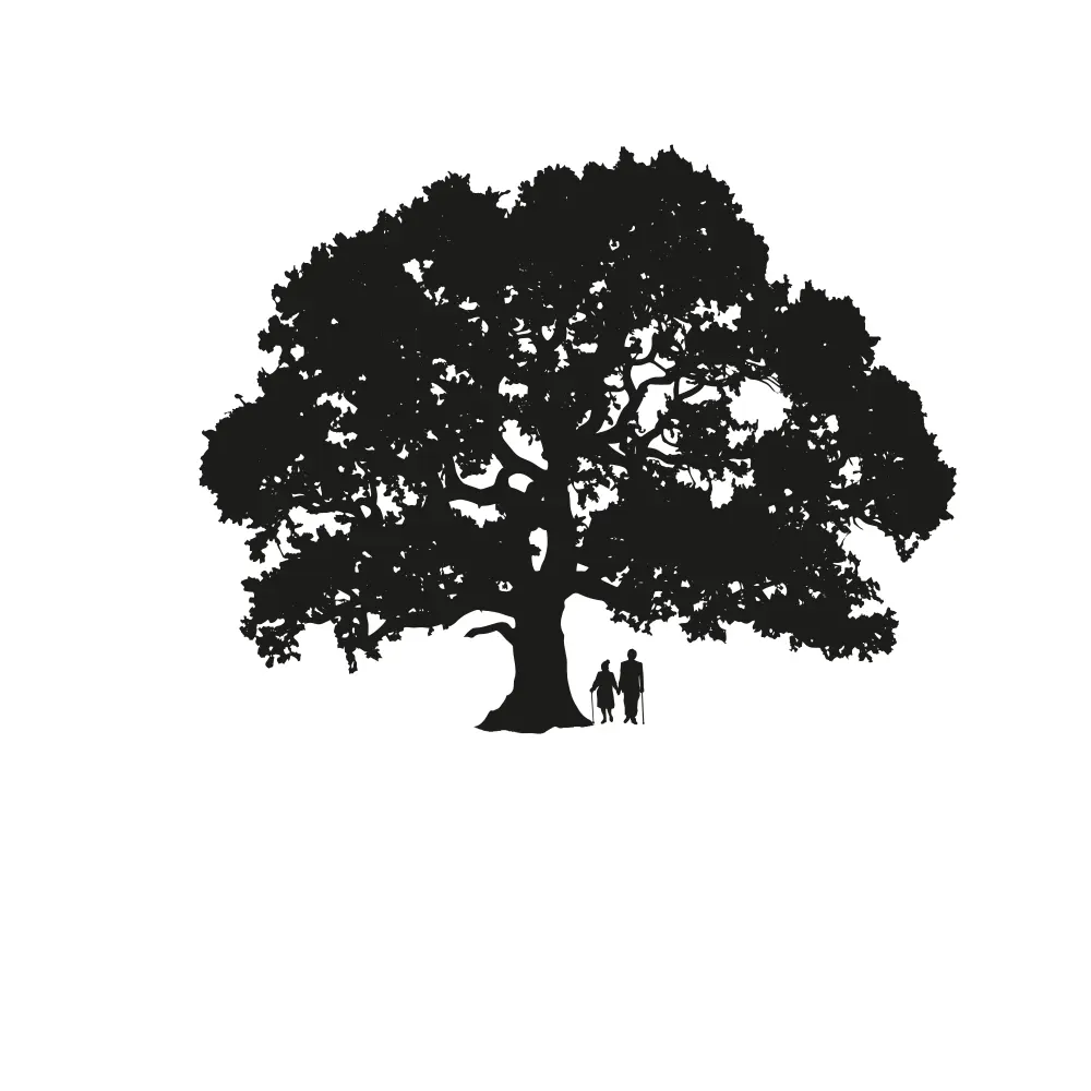 Step one: the black oak on white, two small figures with canes at its foot