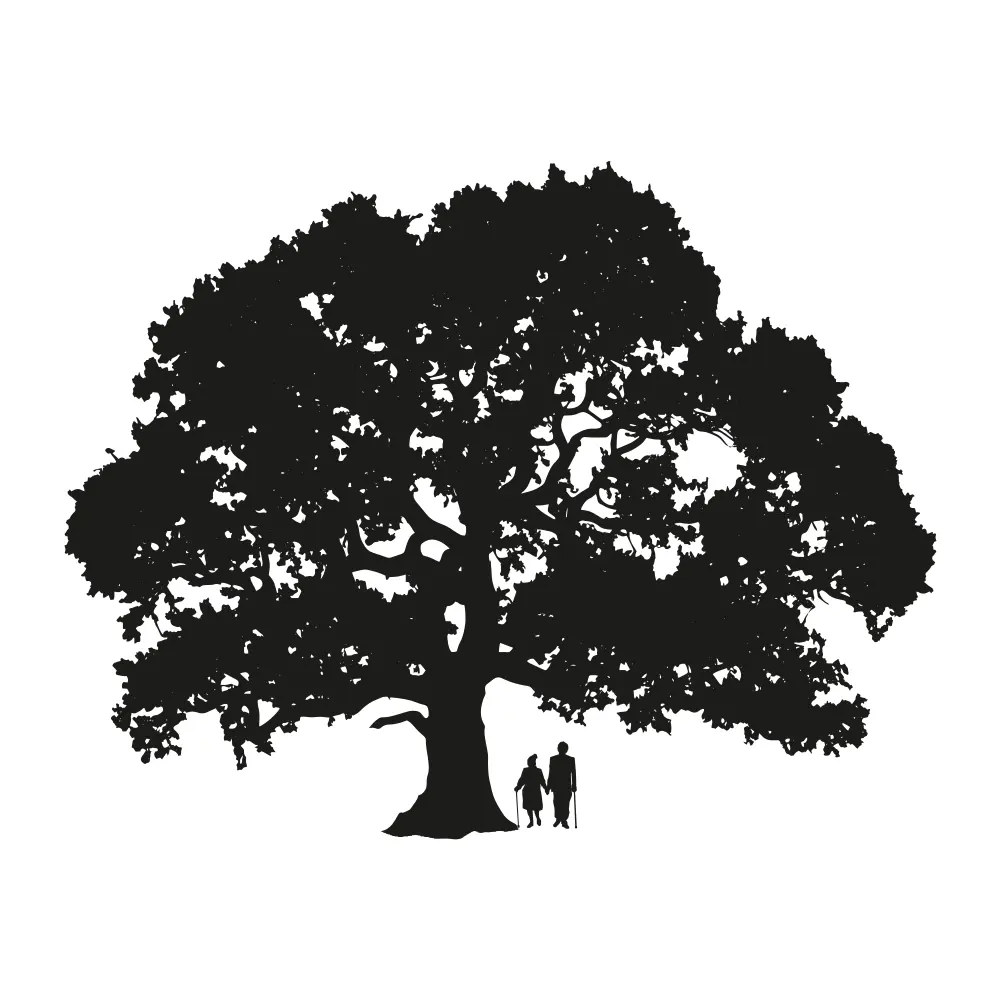 The Maplewood oak in black on white, two small figures with canes at its foot