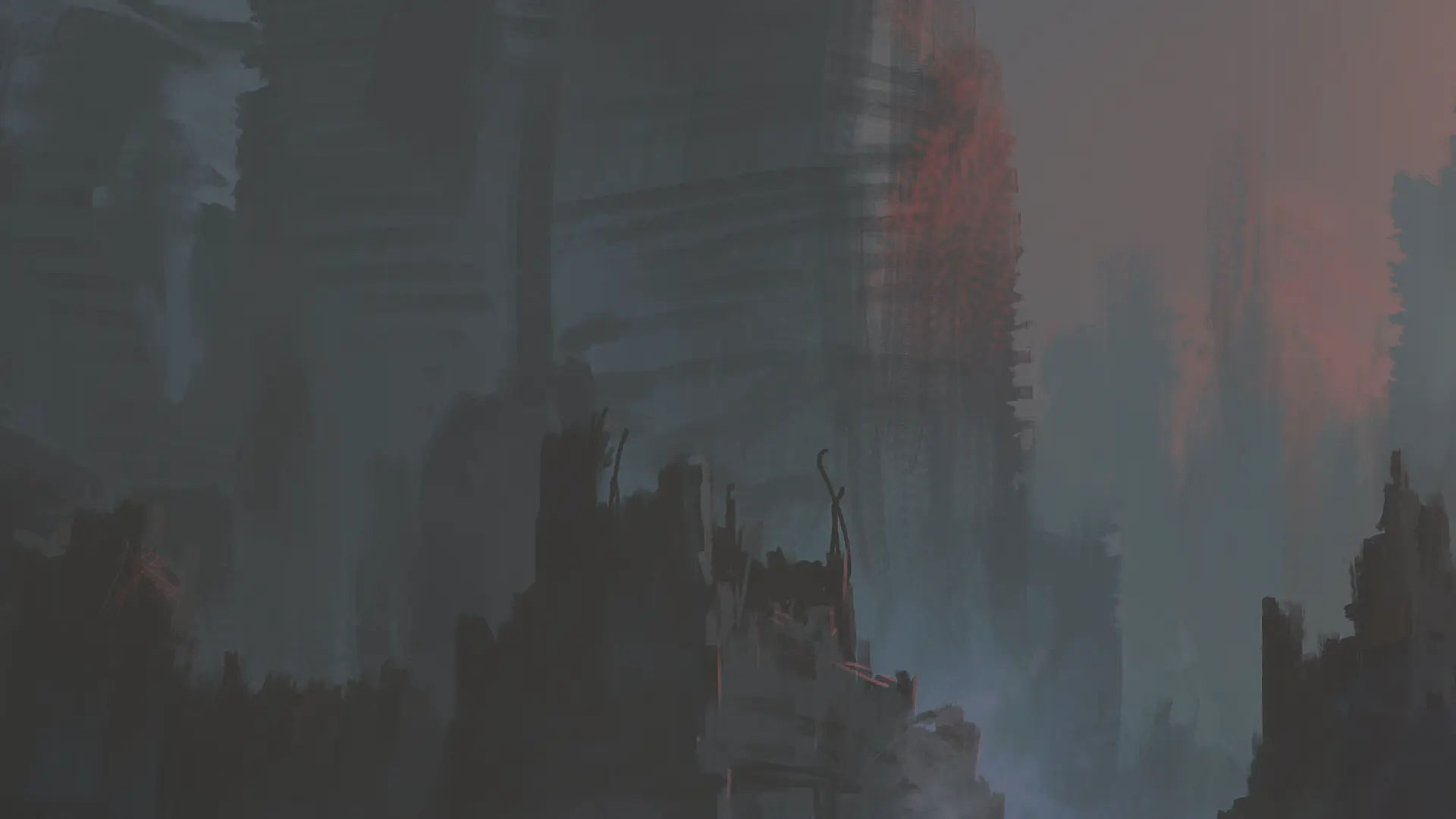 Back-cover painting: a ruined city in the smog