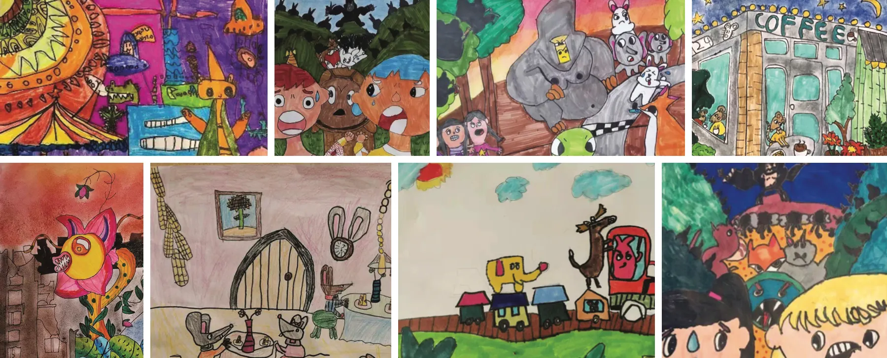 Eight drawings from the book’s closing section, “Children’s Paintings” (names removed)
