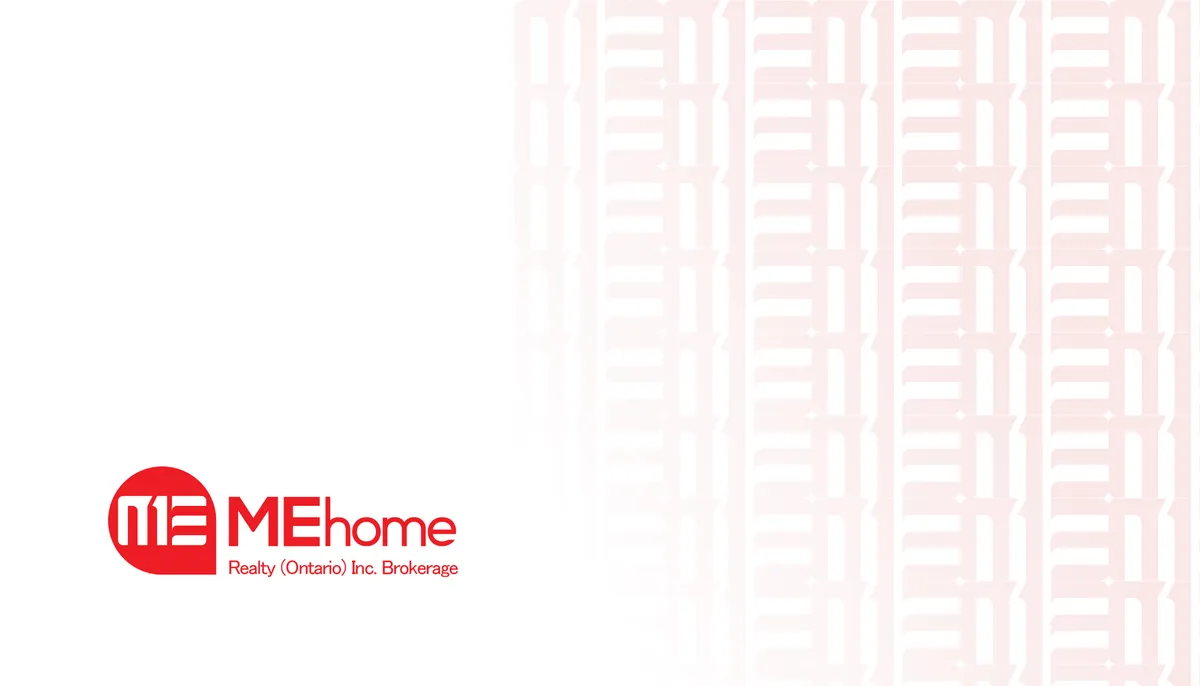 Business card back: the red logo over a pale ME pattern