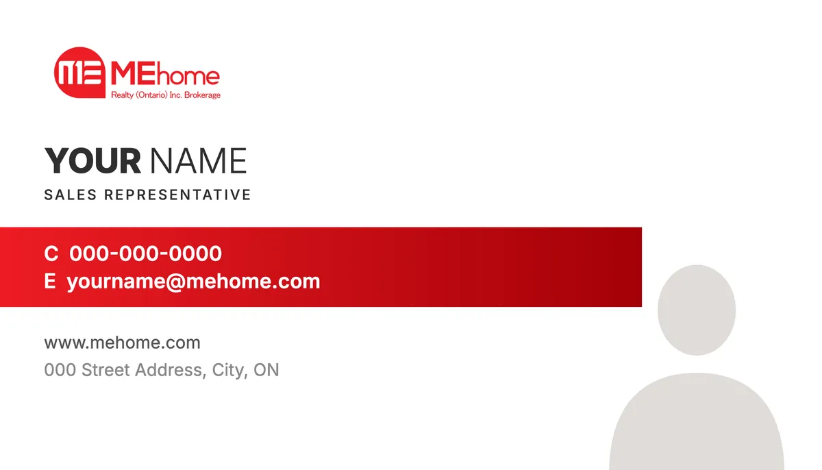 Business card front: the logo, the agent’s name, a red band for phone and email, and a photo placeholder