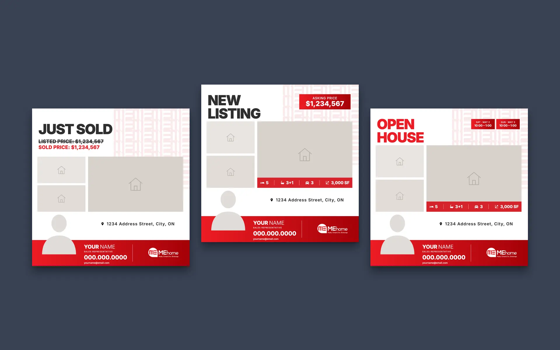 MEhome agent post templates: just sold, new listing and open house side by side on slate blue