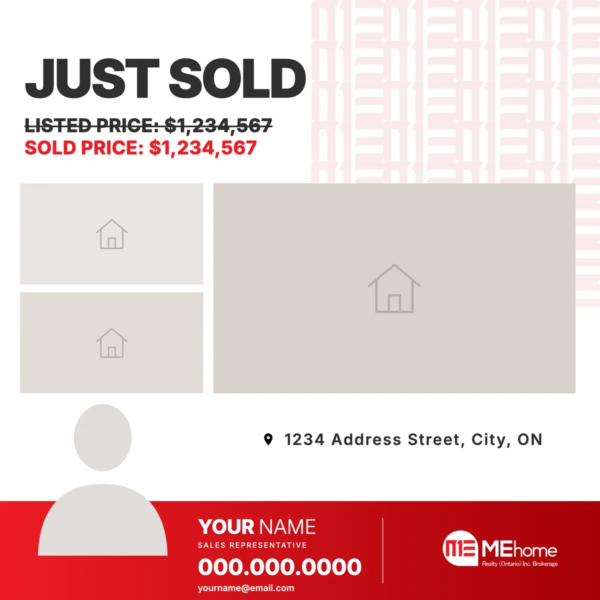 Just-sold post: “JUST SOLD”, the struck-through list price over the sold price in red, photo frames and the agent’s band