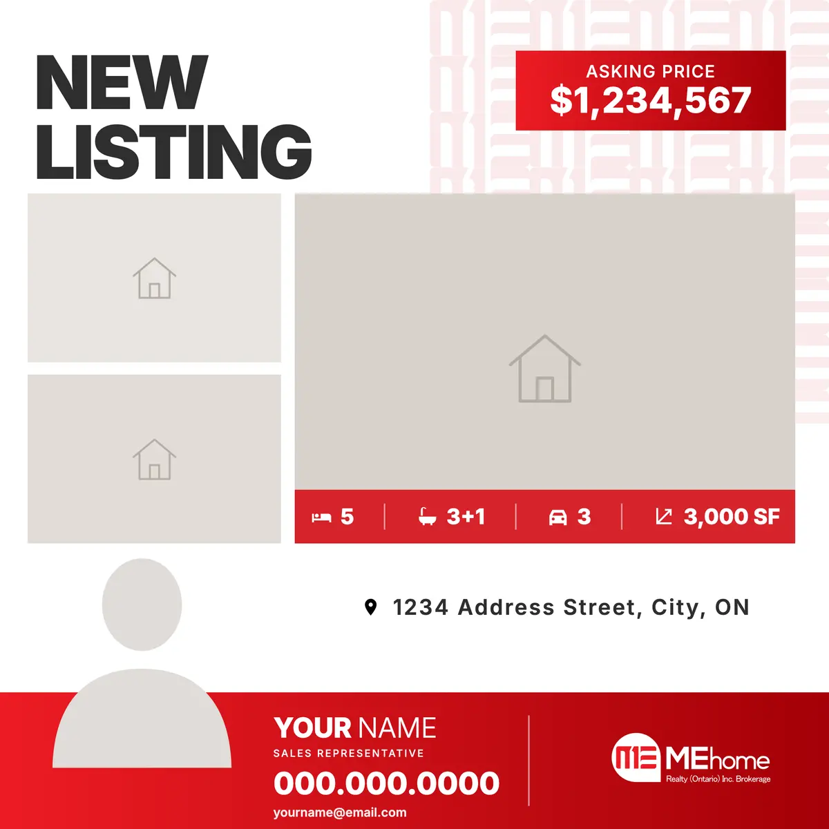 New-listing post: “NEW LISTING” in heavy type, a red asking-price box, three photo frames with a specs strip, the address and the agent’s red band