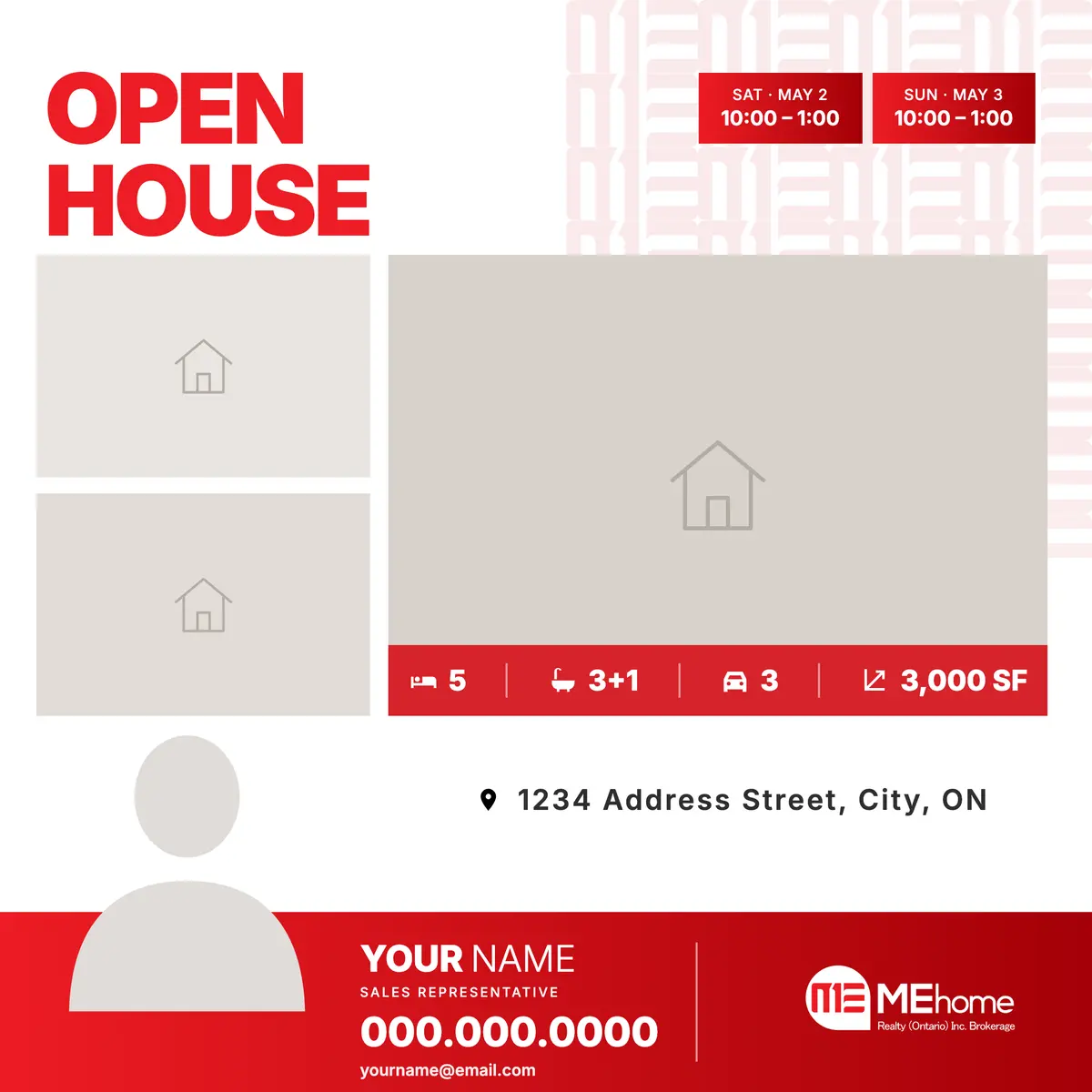 Open-house post: “OPEN HOUSE” in red, two viewing times, photo frames and the agent’s band