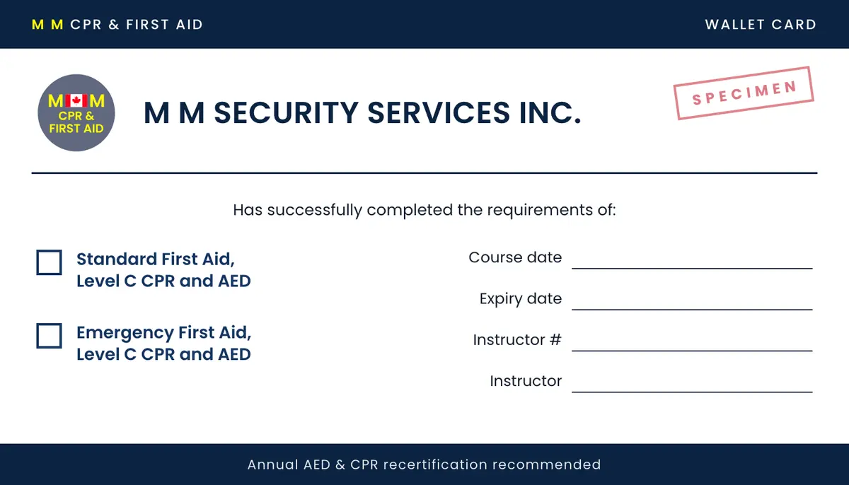 Wallet certificate card, specimen: Standard and Emergency First Aid with Level C CPR and AED
