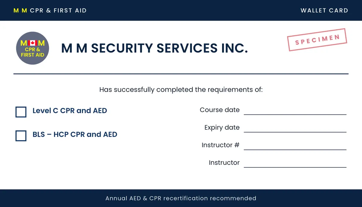 Wallet certificate card, specimen: Level C CPR and AED, and BLS-HCP CPR and AED