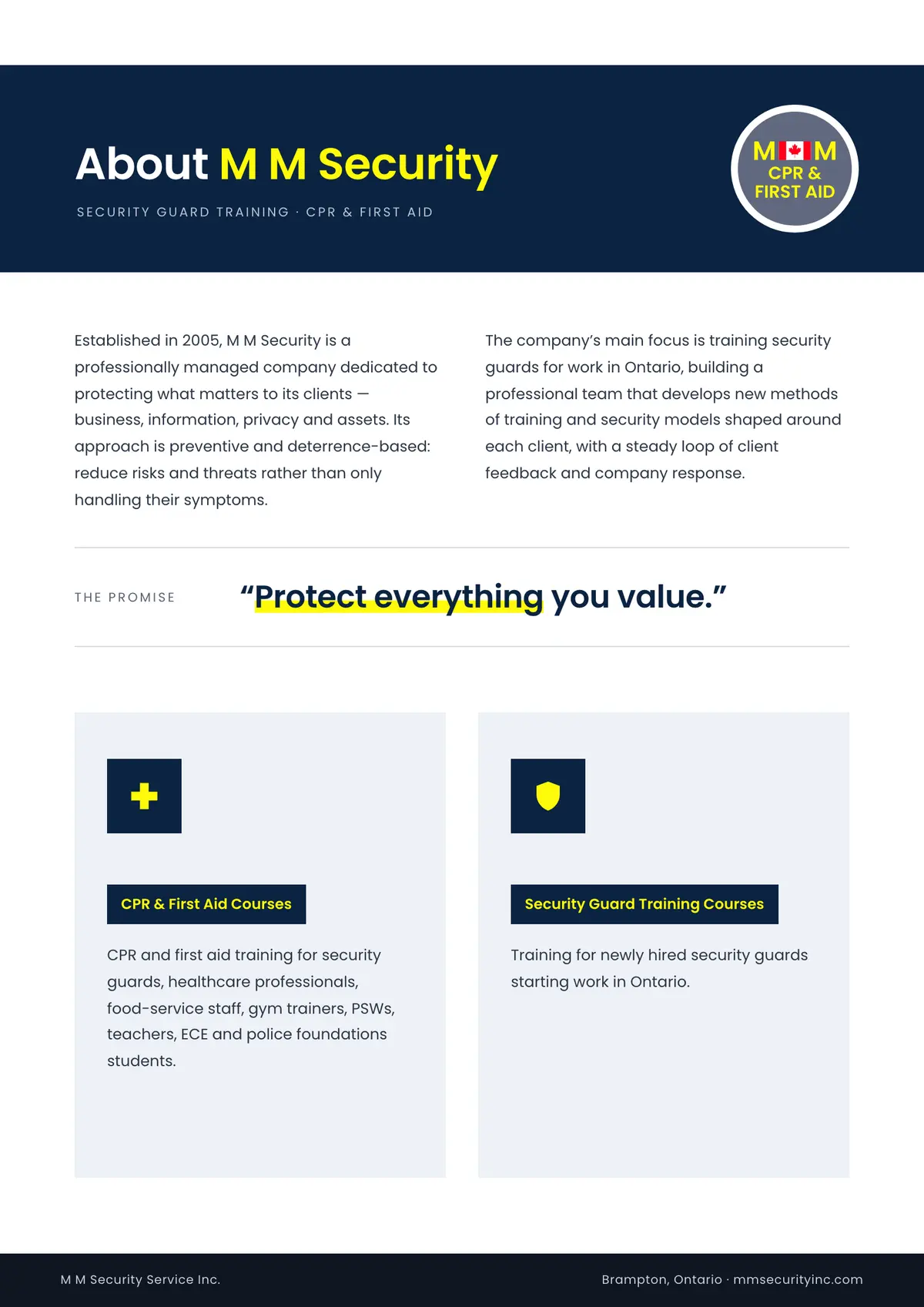 Flyer back: the About M M Security band, the company story, its promise, and the first aid and security training courses side by side