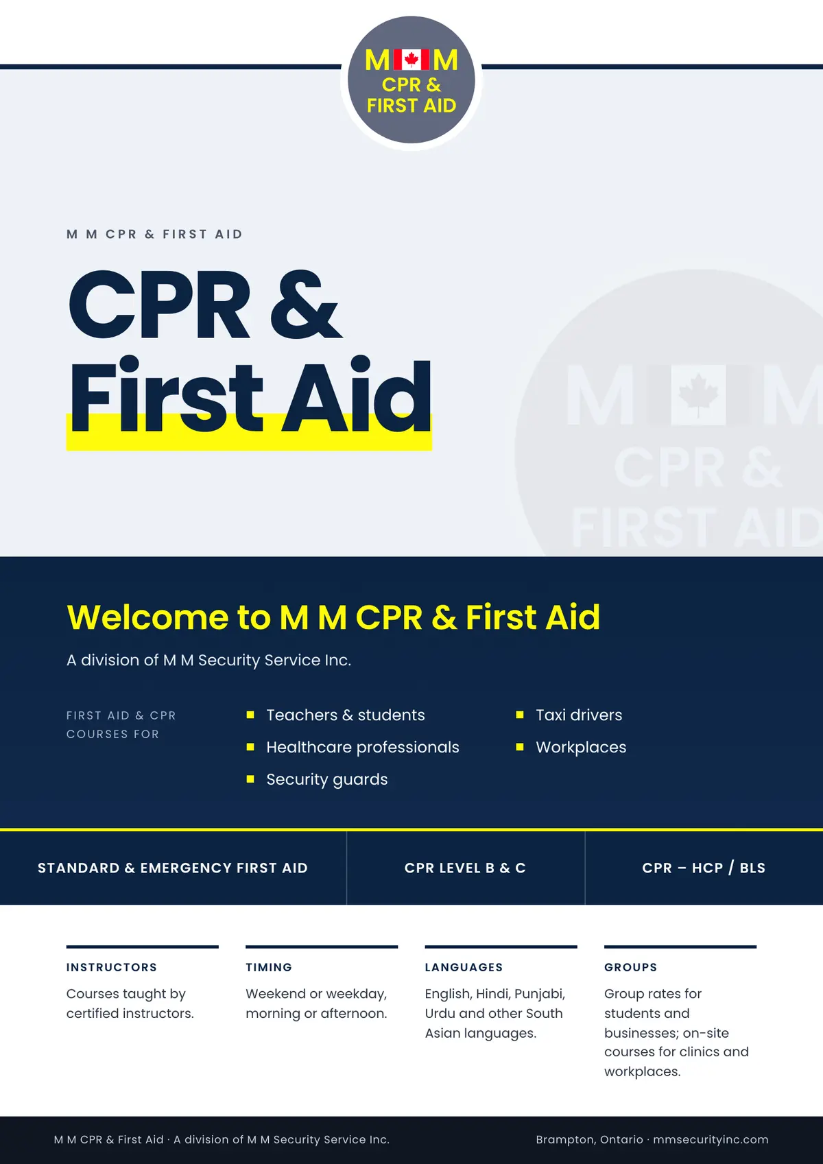 Flyer front: the badge on the top rule, CPR & First Aid set large, the navy welcome panel, a bar of three course levels and four columns of practical details