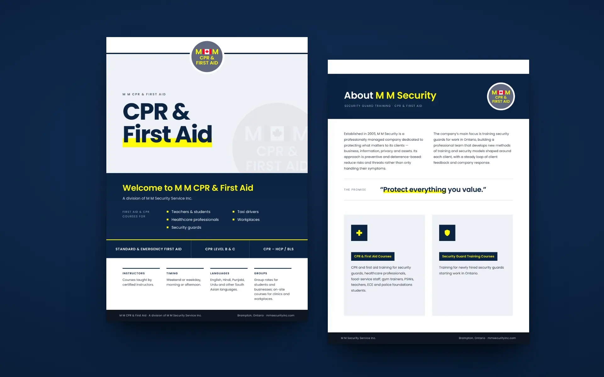 The M M CPR & First Aid course flyer, front and back, side by side on deep navy