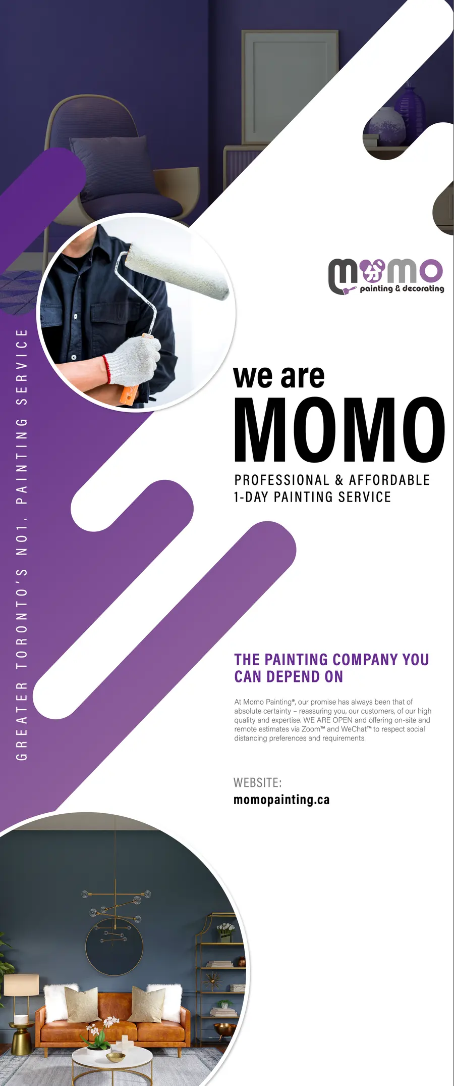 涂装服务易拉宝全幅:紫色斜向长条、两个圆窗、we are MOMO 与 PROFESSIONAL & AFFORDABLE 1-DAY PAINTING SERVICE