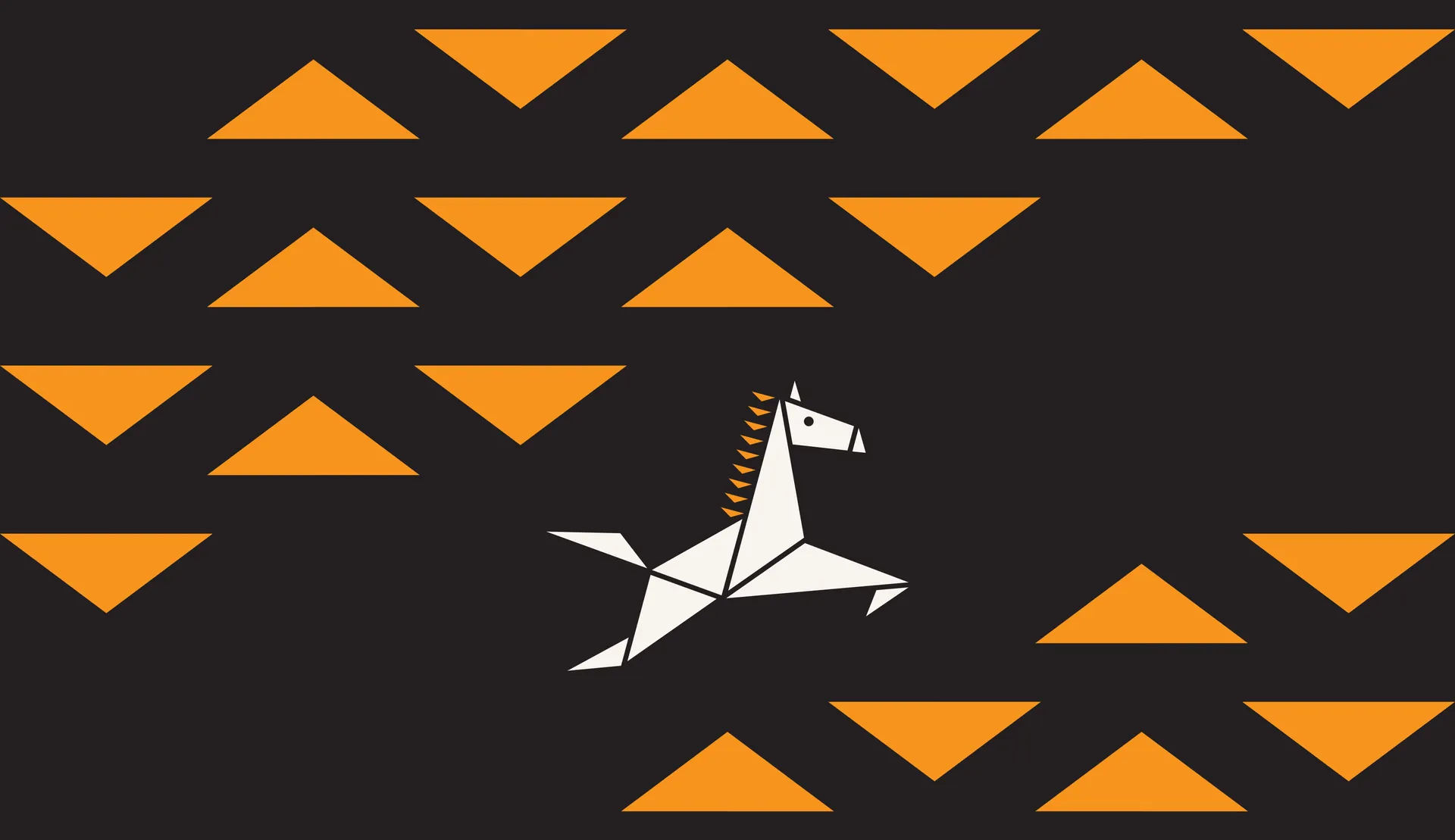 Rows of orange triangles on charcoal, opening around a white origami horse