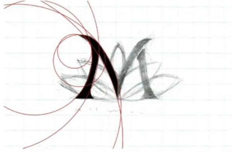 The 2018 pencil sketch: an M over a ring of petals, with red golden-ratio arcs marking its curves