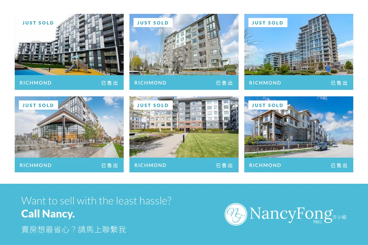 Just-sold back: six Richmond buildings, each with a Just sold tag and a blue bar, over a footer with the logo and “Want to sell with the least hassle? Call Nancy.”