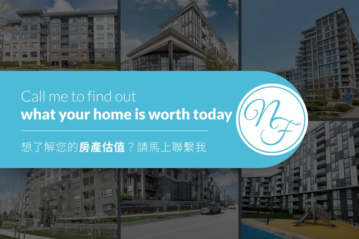 Valuation back: a sky-blue band over darkened building photographs — “Call me to find out what your home is worth today” in English and Chinese — ending in the NF circle