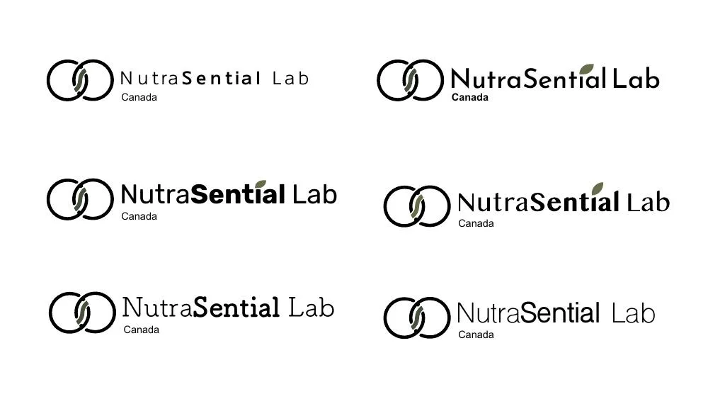 Six type and weight tests for the wordmark, each beside the rings mark