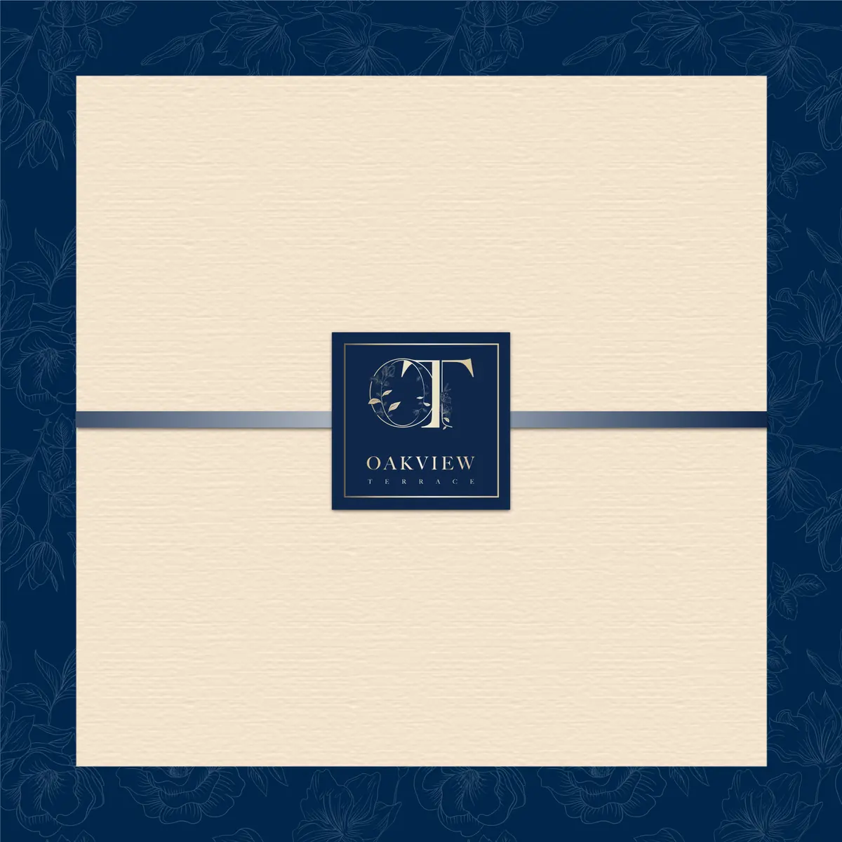 Guide cover: a beige board on the navy pattern, tied with a ribbon and a square label