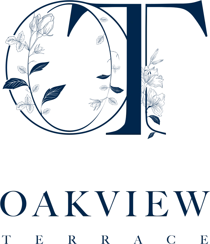 Oakview Terrace stacked logo: an O and a T intertwined, leaves and flowers in fine line