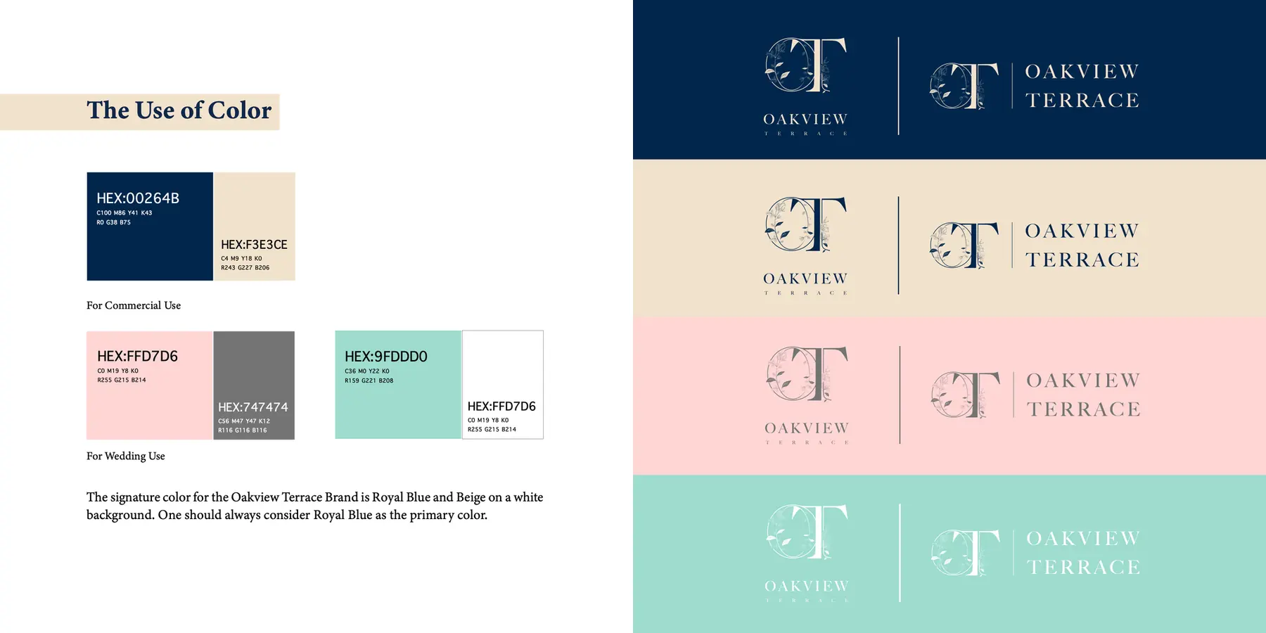 Guide spread: business and wedding palettes, the logo on four grounds