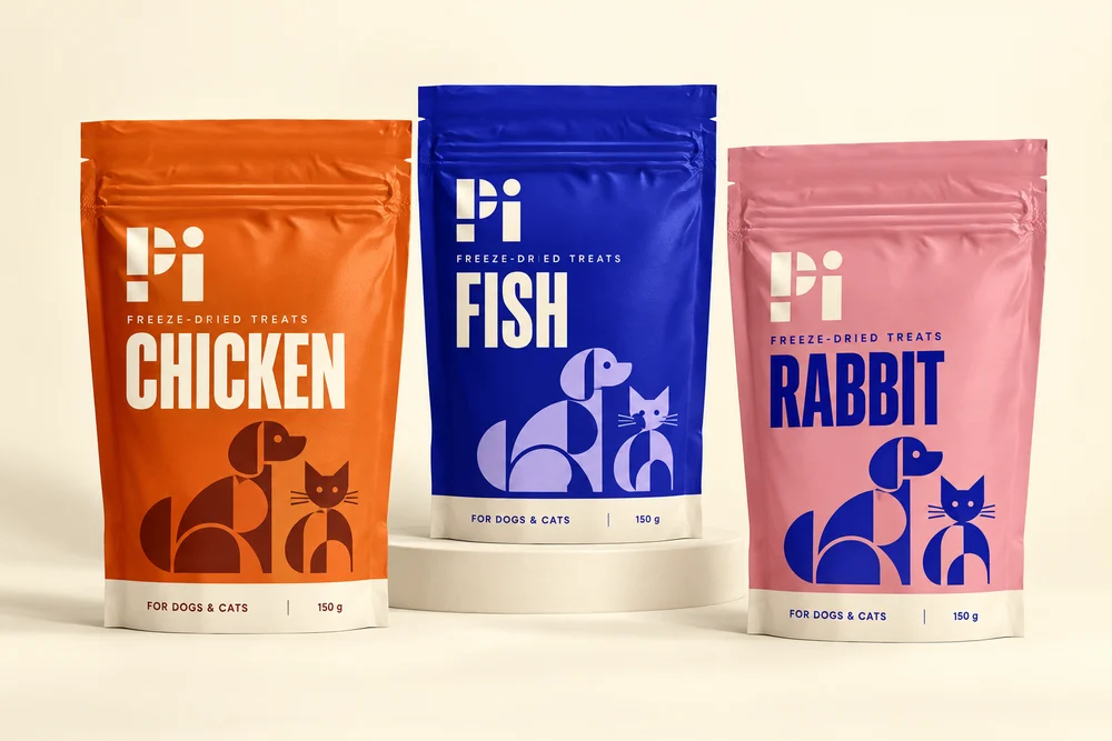 Pi packaging redesign concept: orange, cobalt and pink pouches with bold product names and geometric dog-and-cat graphics