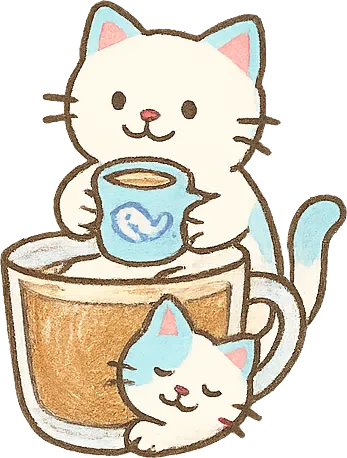 北海道拿铁：大猫抱着杯子，小猫靠在杯边