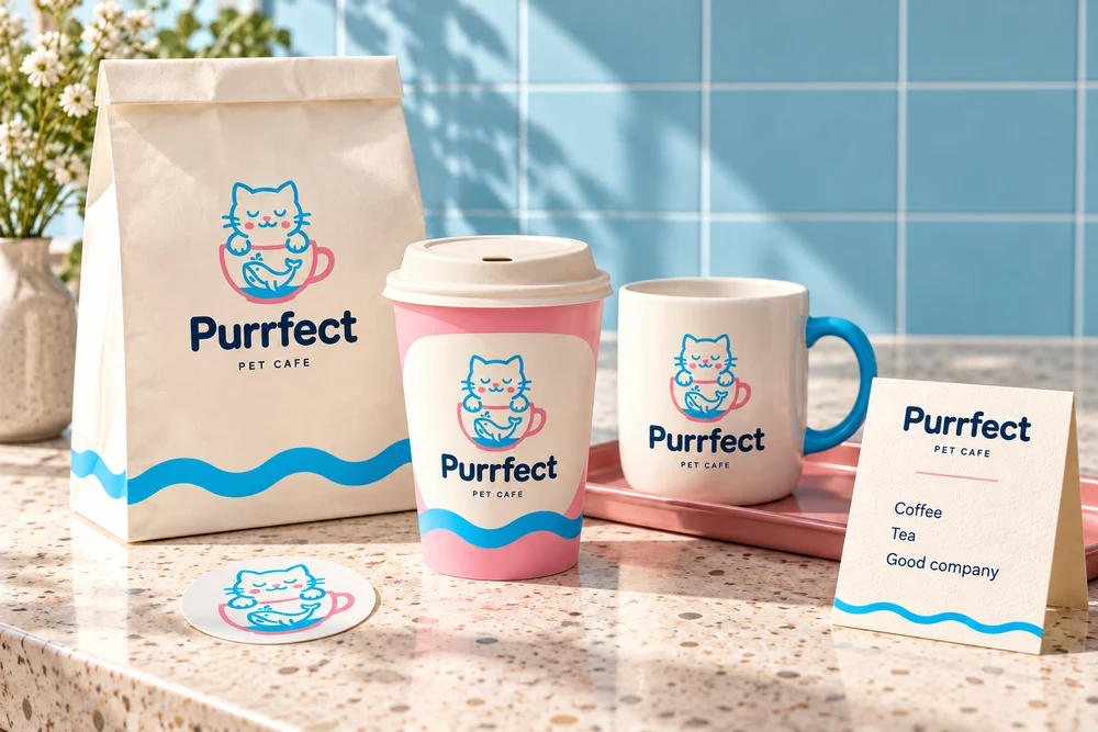 Purrfect identity refinement concept: a pink coffee cup, ivory bag and blue-handled mug carrying the cat-and-whale identity