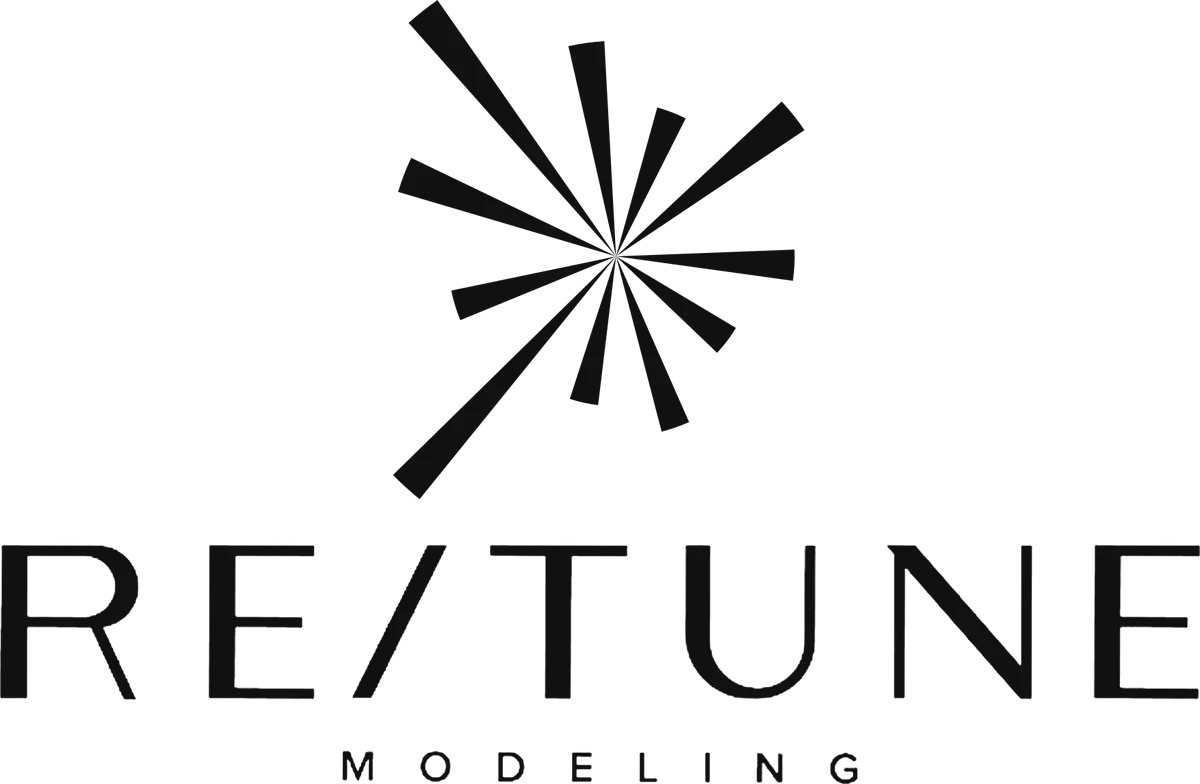 The RE/TUNE Modeling mark: a radiating burst over a widely spaced wordmark