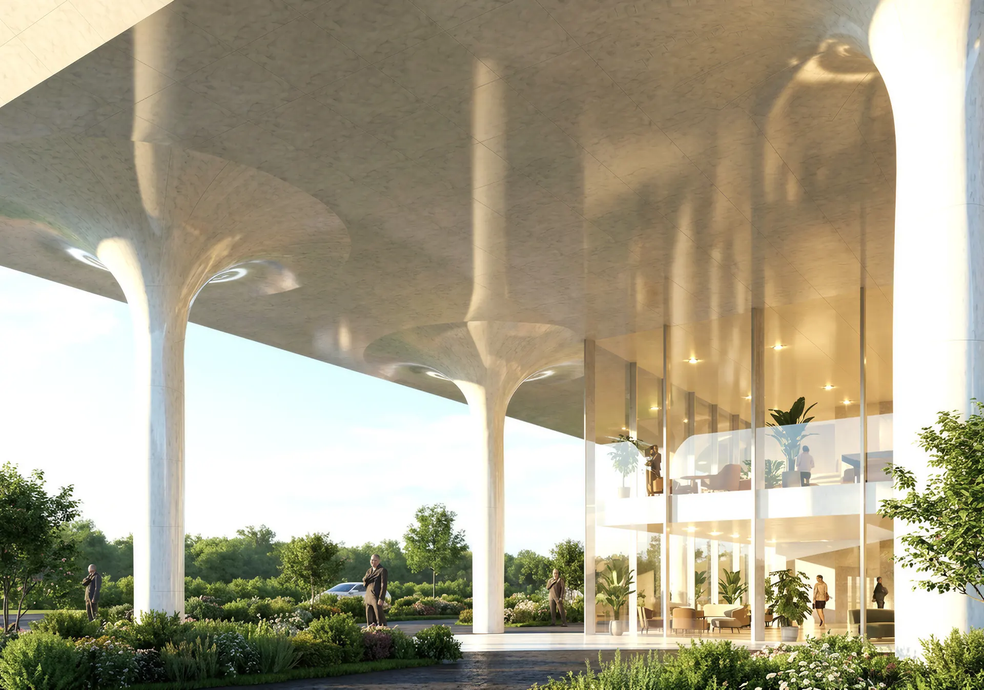 Arrival: cast columns under the canopy, the lobby open to the landscape (developer’s rendering)