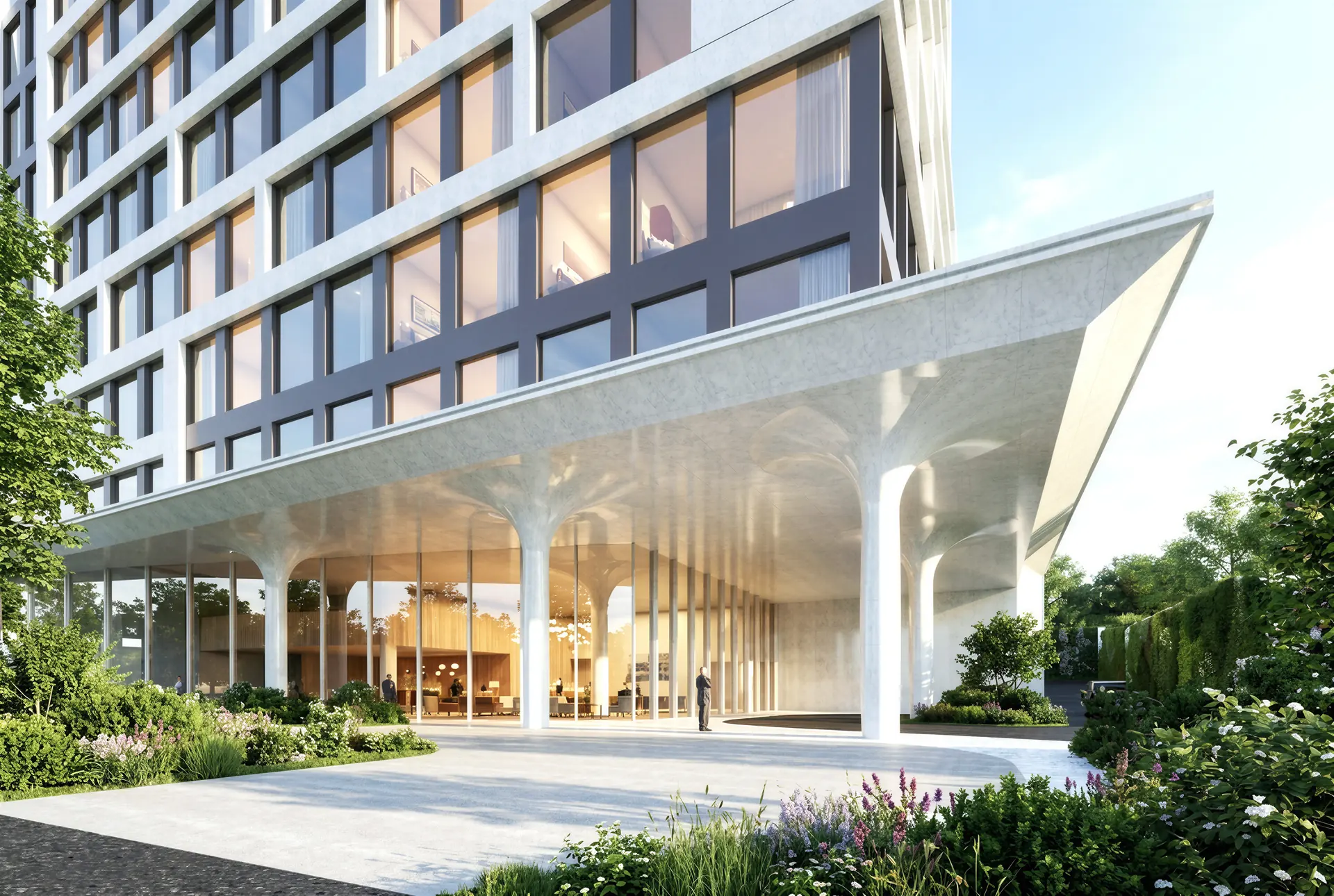 Entrance canopy and white facade (developer’s rendering)