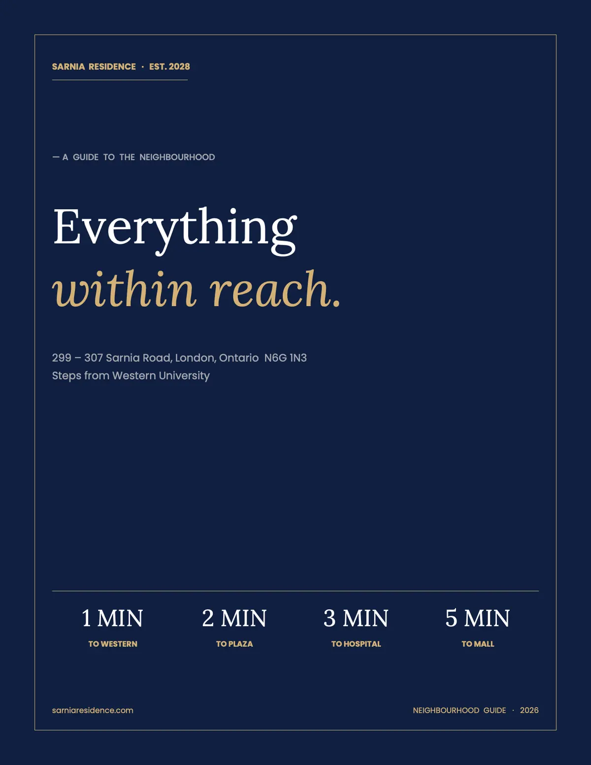 Neighbourhood guide cover: 1 min to Western, 2 to the plaza, 3 to hospital, 5 to the mall